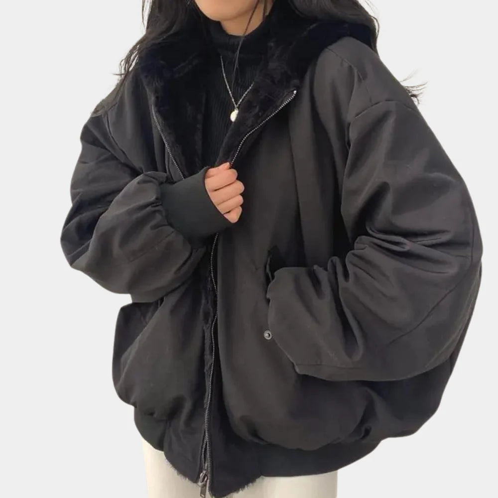 Reversible Cotton Fleece Hooded Winter Coat — Black