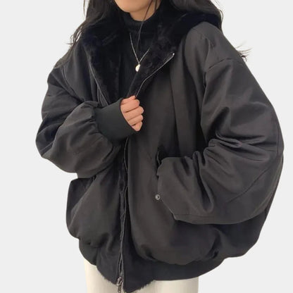 Reversible Cotton Fleece Hooded Winter Coat — Black