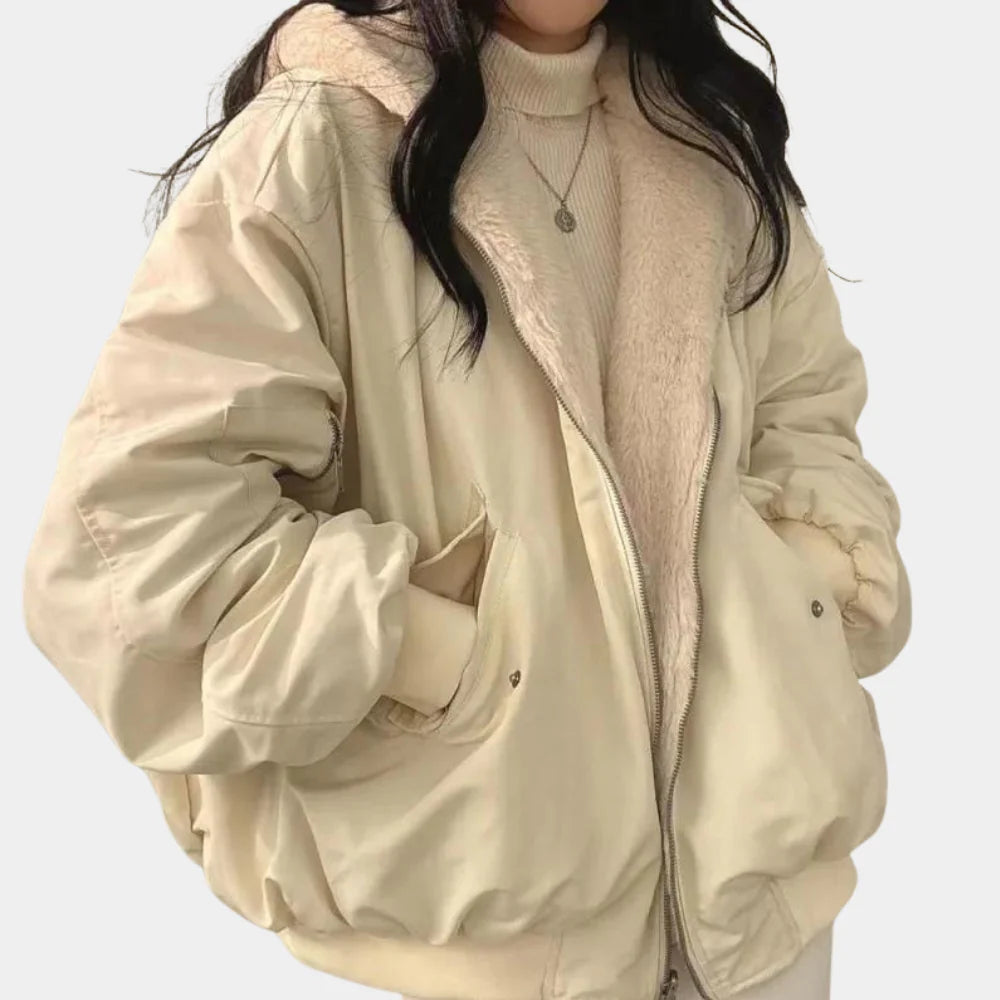 Reversible Cotton Fleece Hooded Winter Coat — Beige