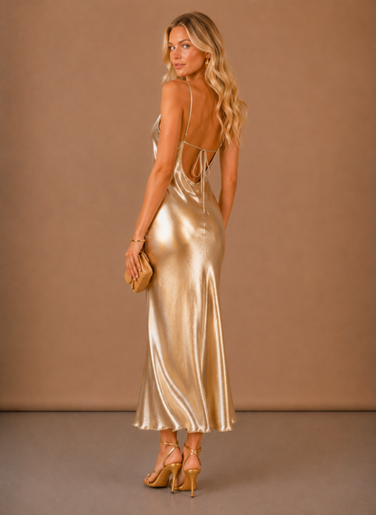Women's Satin Cowl Neck Draped Party Midi Dress