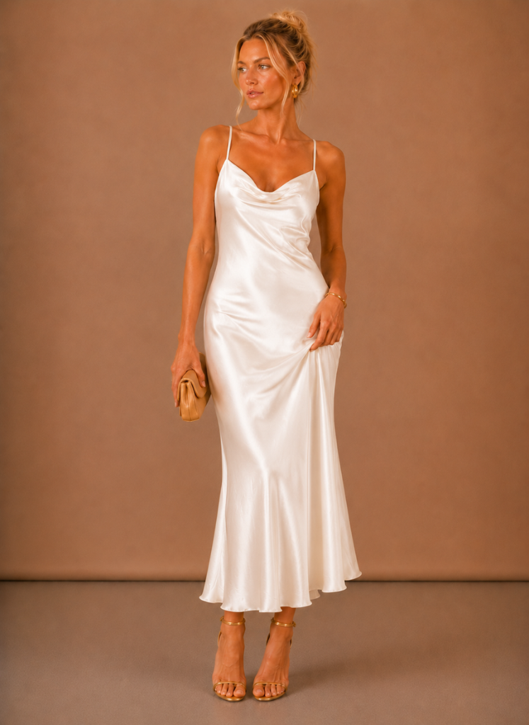 Satin Cowl Neck Midi Dress – Draped Silhouette — White