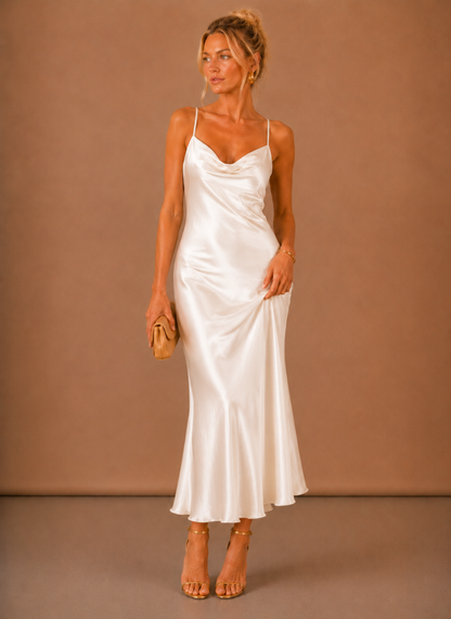 Satin Cowl Neck Midi Dress – Draped Silhouette — White