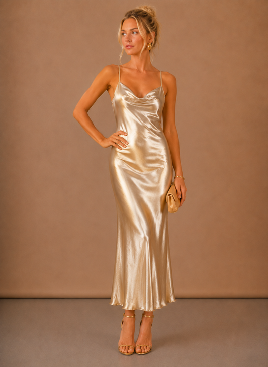 Satin Cowl Neck Midi Dress – Draped Silhouette — Gold