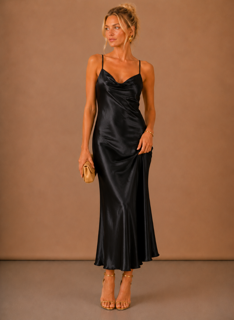 Satin Cowl Neck Midi Dress – Draped Silhouette — Black
