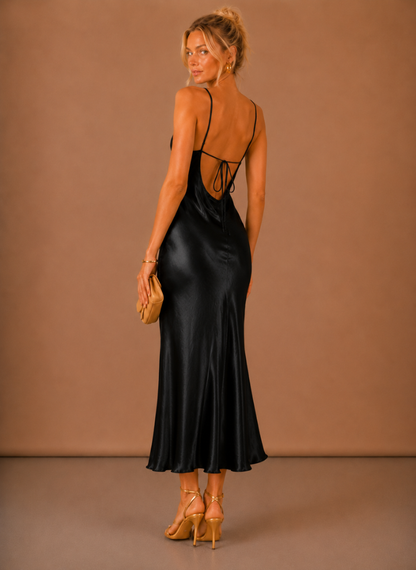 Women's Satin Cowl Neck Draped Party Midi Dress