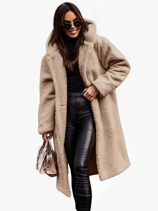 Long Teddy Coat with Hood and Button Closure — Beige