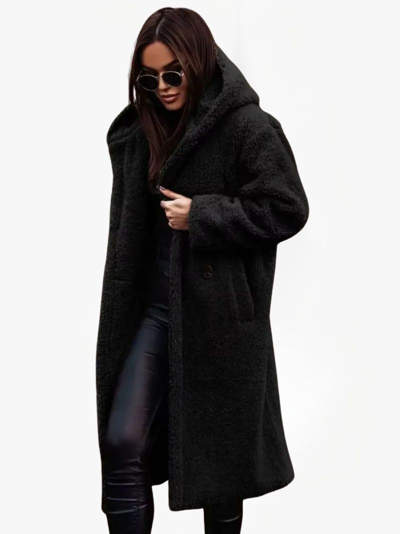 Long Teddy Coat with Hood and Button Closure — Black