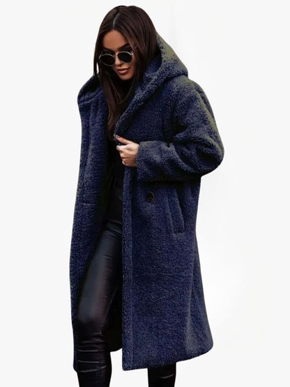 Long Teddy Coat with Hood and Button Closure — Blue