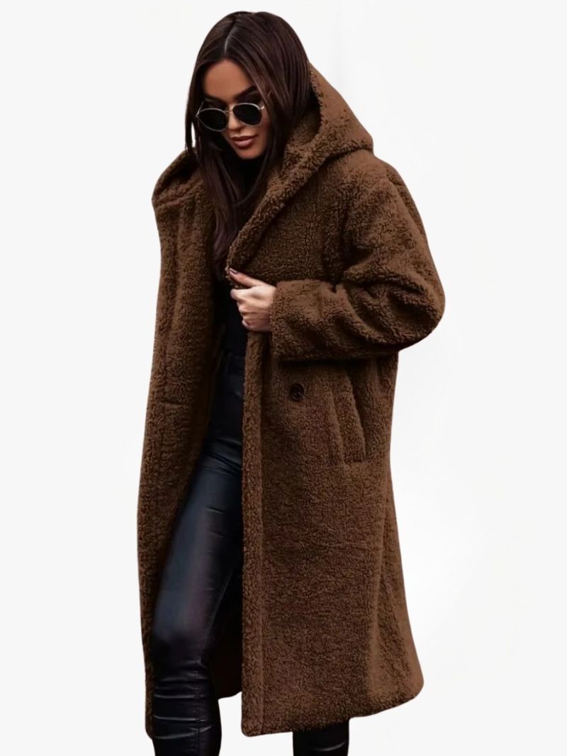Long Teddy Coat with Hood and Button Closure — Brown