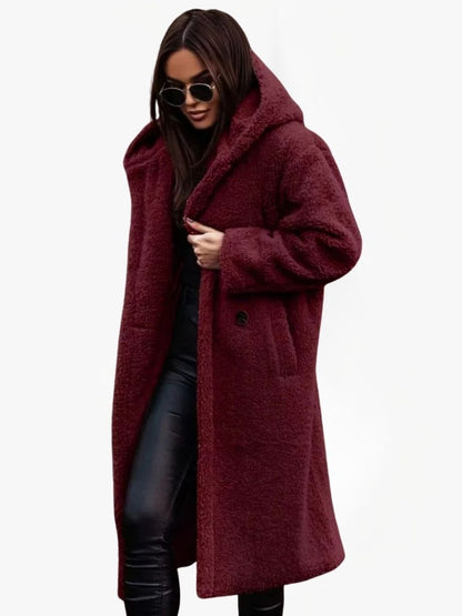 Long Teddy Coat with Hood and Button Closure — Burgundy