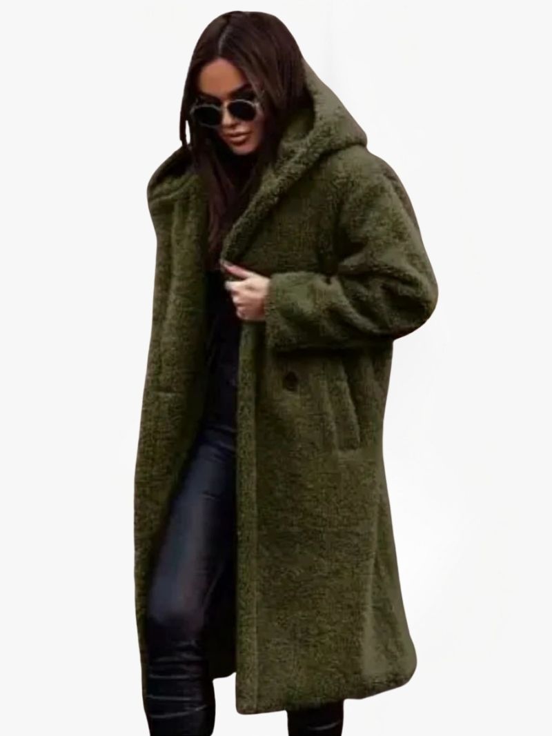 Long Teddy Coat with Hood and Button Closure — Green