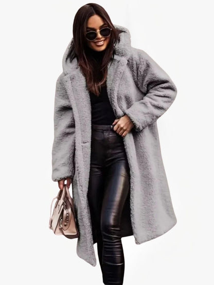 Long Teddy Coat with Hood and Button Closure — Grey