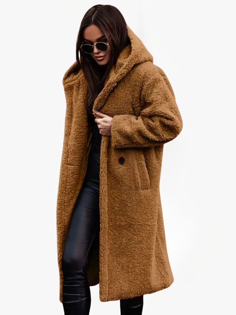 Long Teddy Coat with Hood and Button Closure — Light brown