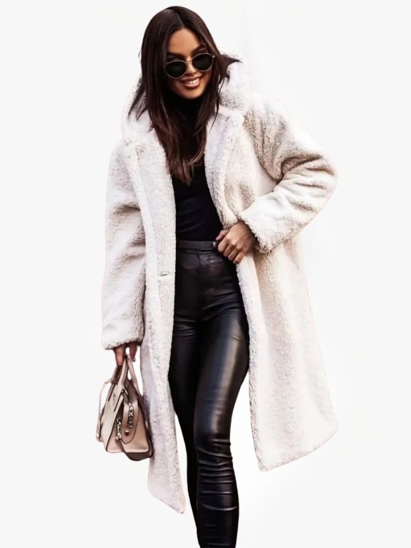 Long Teddy Coat with Hood and Button Closure — White
