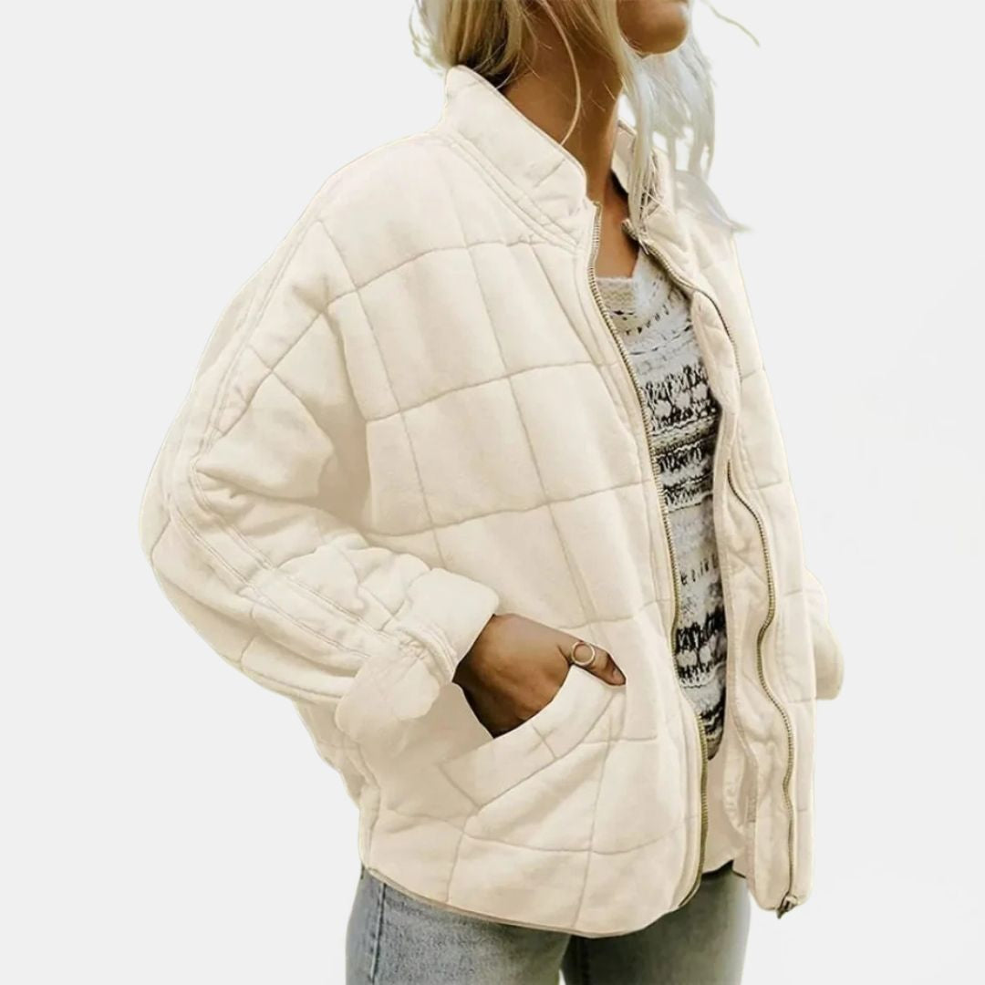 Quilted Zip-Front Oversized Bomber Jacket — Apricot