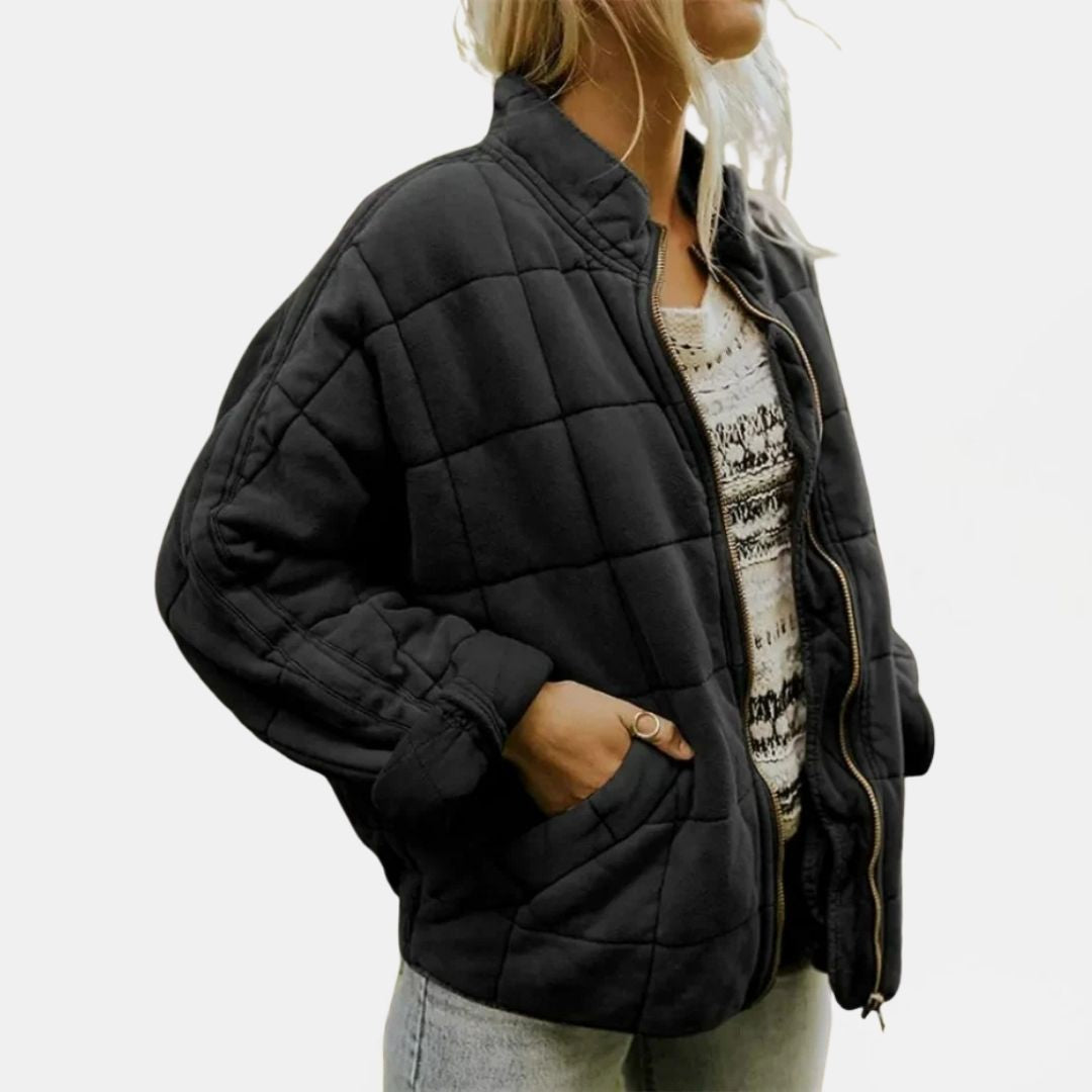 Quilted Zip-Front Oversized Bomber Jacket — Black