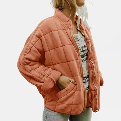 Quilted Zip-Front Oversized Bomber Jacket — Brick red