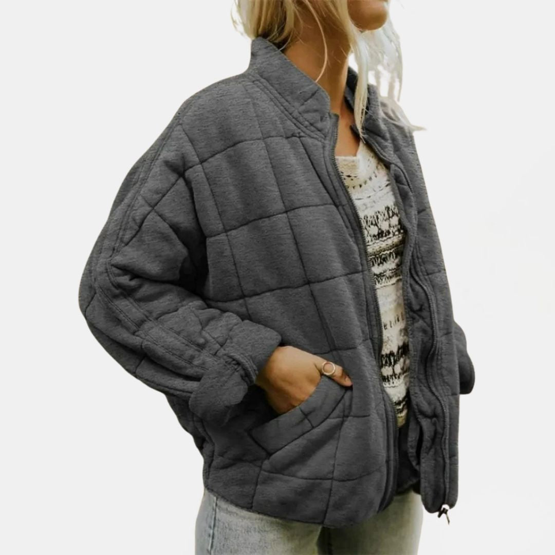 Quilted Zip-Front Oversized Bomber Jacket — Dark grey