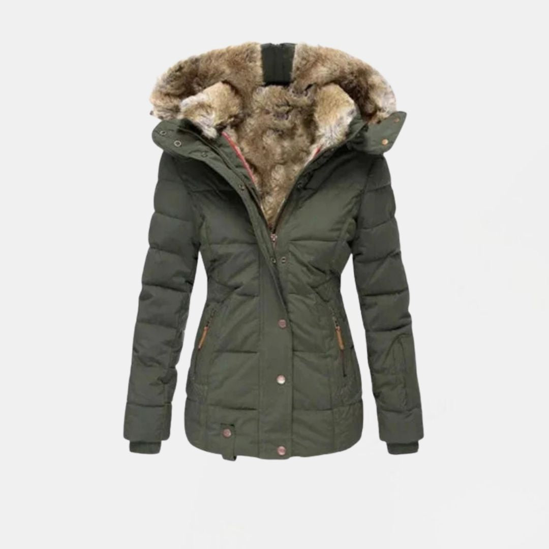 Quilted Winter Jacket with Faux Fur Lining and Hood — Green