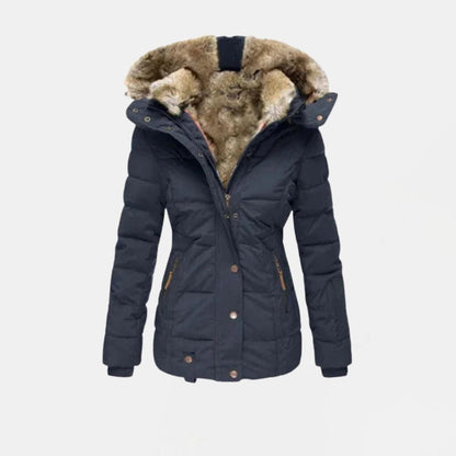 Quilted Winter Jacket with Faux Fur Lining and Hood — Navy