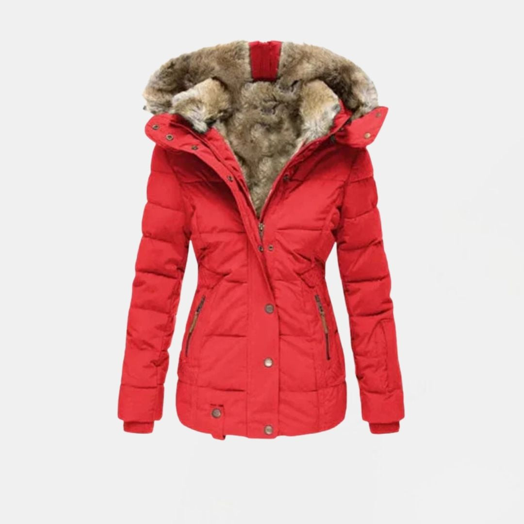 Quilted Winter Jacket with Faux Fur Lining and Hood — Red