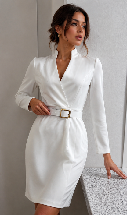 White V-Neck Belted Midi Dress Coat