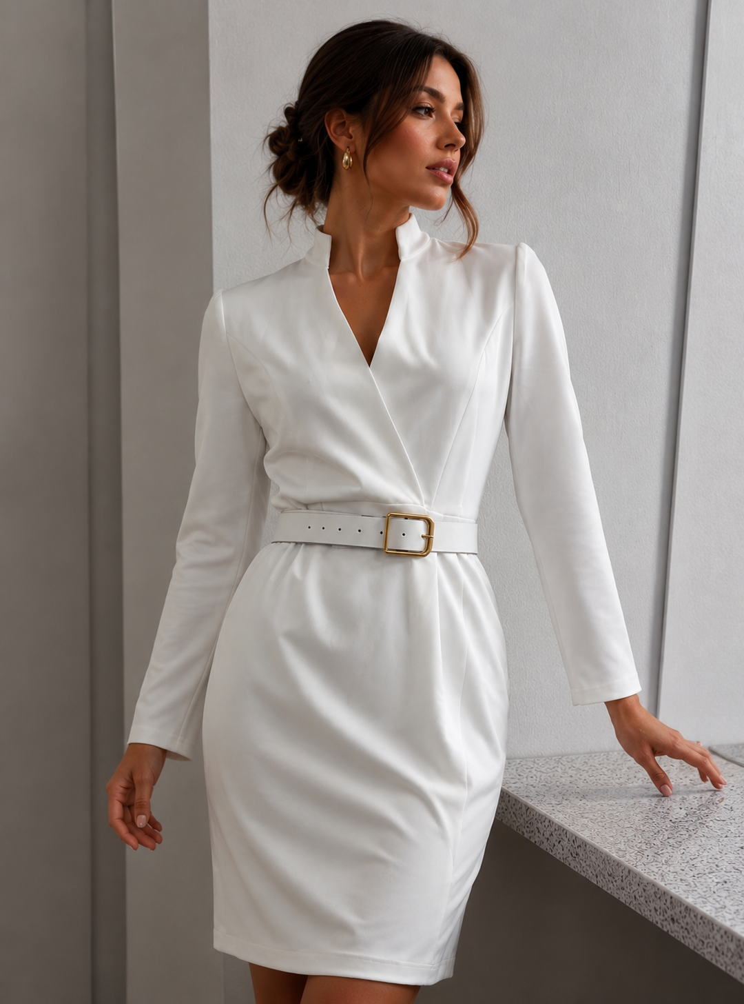 Women's V-Neck Belted Party Midi Dress