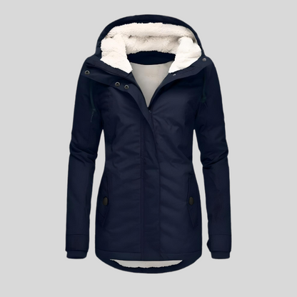Fleece Lined Water-Resistant Hooded Jacket — Navy Blue