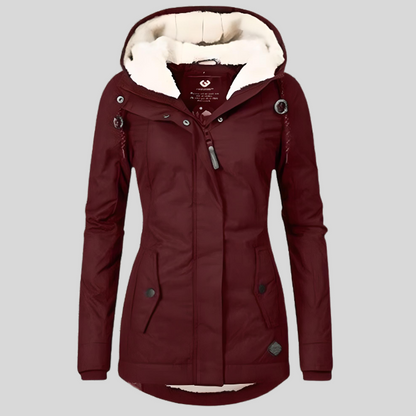 Fleece Lined Water-Resistant Hooded Jacket — Burgundy