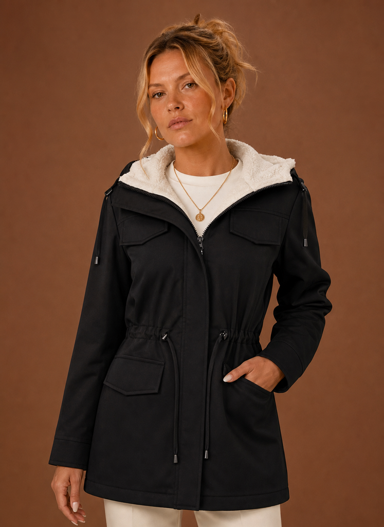 Hooded Fleece-Lined Parka Jacket - Long Winter Coat — Black