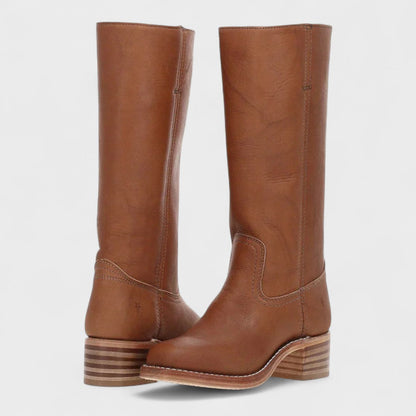 Knee-High Leather-Look Riding Boots with Block Heel — Brun