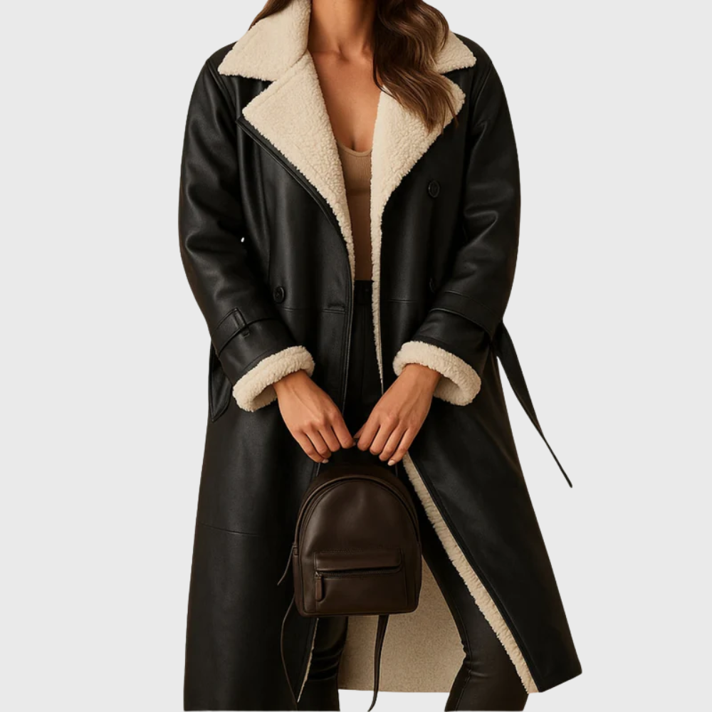 Longline Faux Shearling Coat with Belted Waist — Black