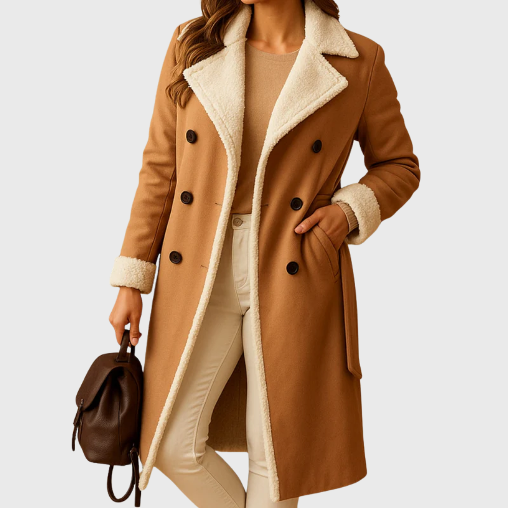 Longline Faux Shearling Coat with Belted Waist — Khaki