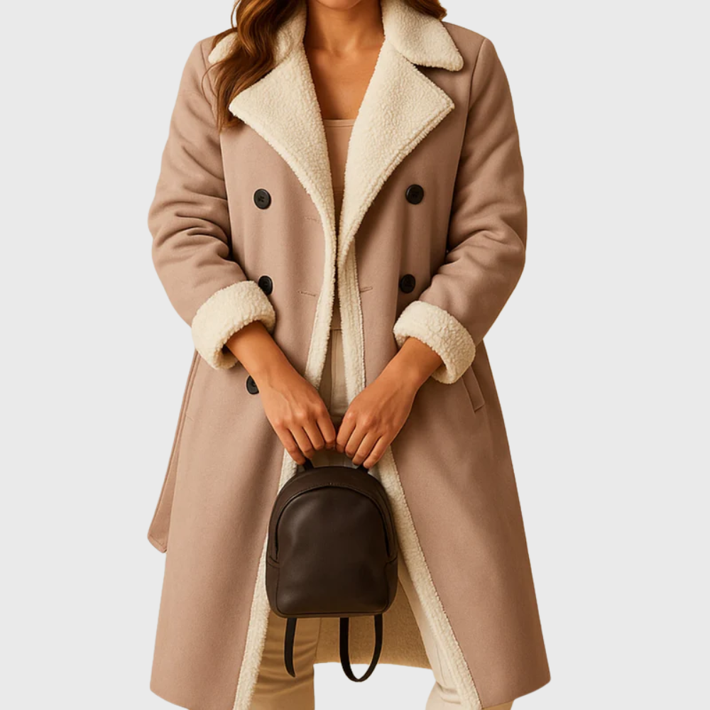 Longline Faux Shearling Coat with Belted Waist — Apricot