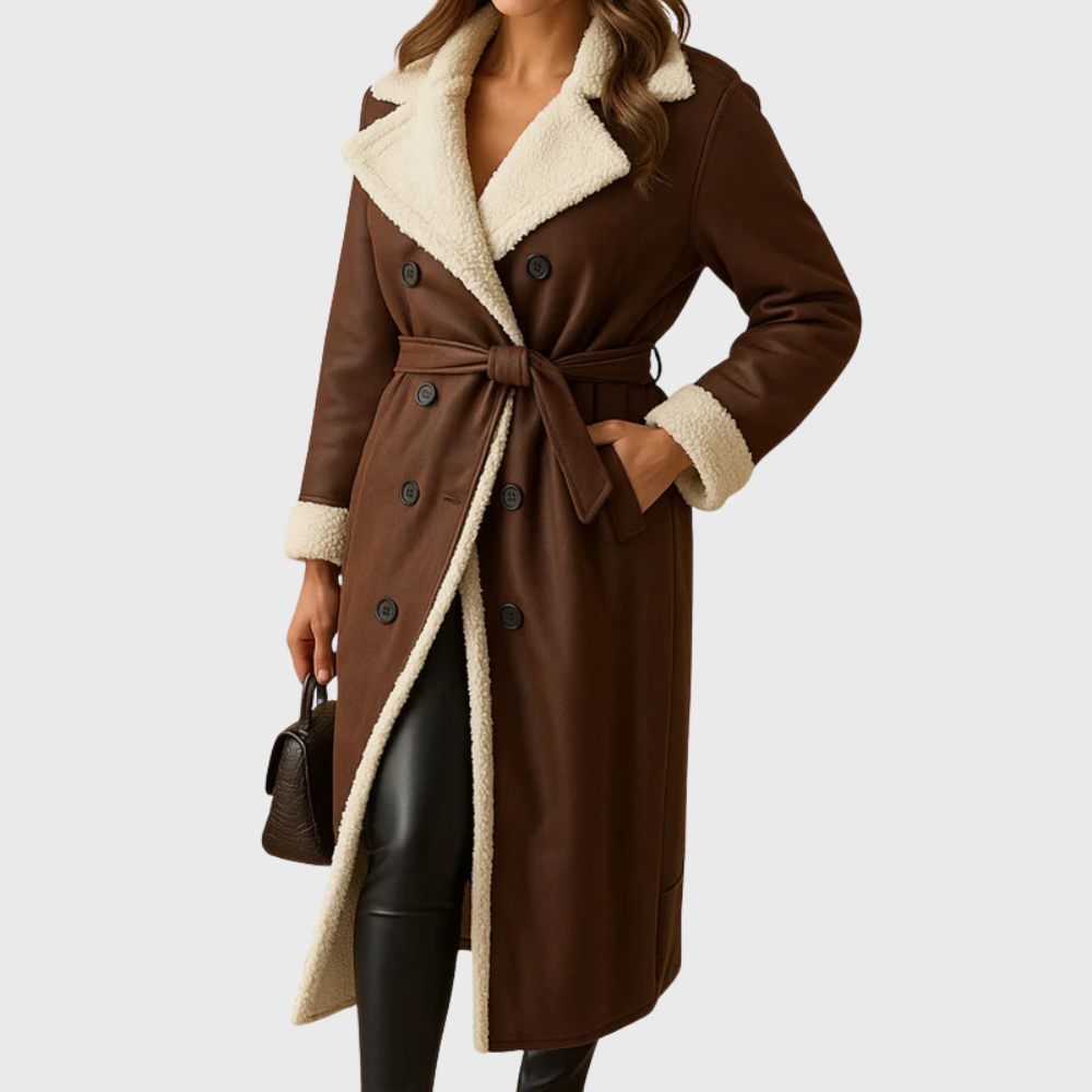Longline Faux Shearling Coat with Belted Waist — Brown