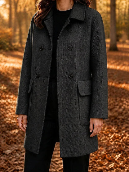 Women's Herringbone Double Breasted Long Coat — Black