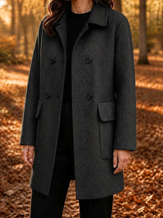 Women's Herringbone Double Breasted Long Coat — Black