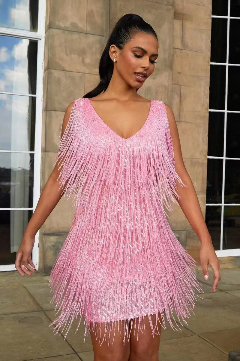Fringe Detail Above-Knee Dress with Soft Fabric — Pink