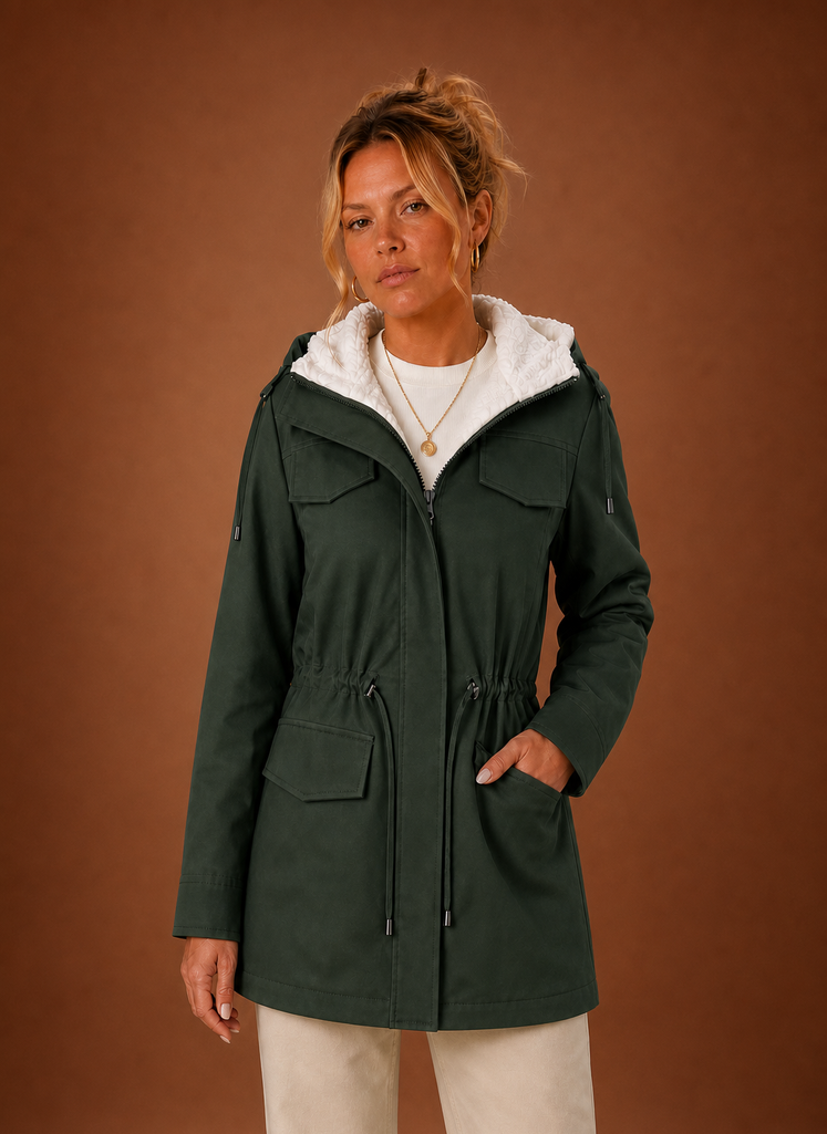 Hooded Fleece-Lined Parka Jacket - Long Winter Coat — Forest Green