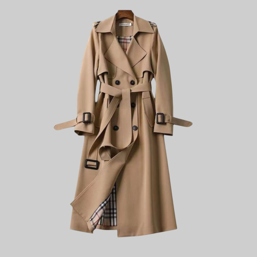 Longline Double Breasted Trench Coat with Belt — Beige