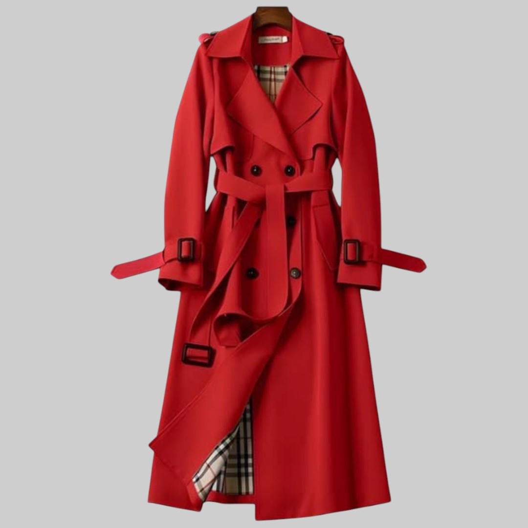 Longline Double Breasted Trench Coat with Belt — Red