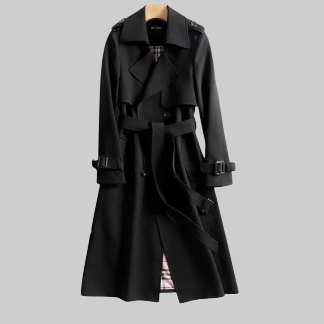 Longline Double Breasted Trench Coat with Belt — Black