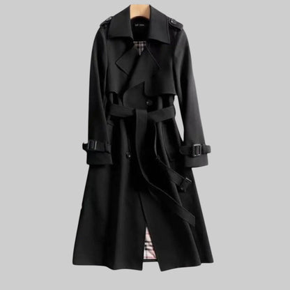 Longline Double Breasted Trench Coat with Belt — Black