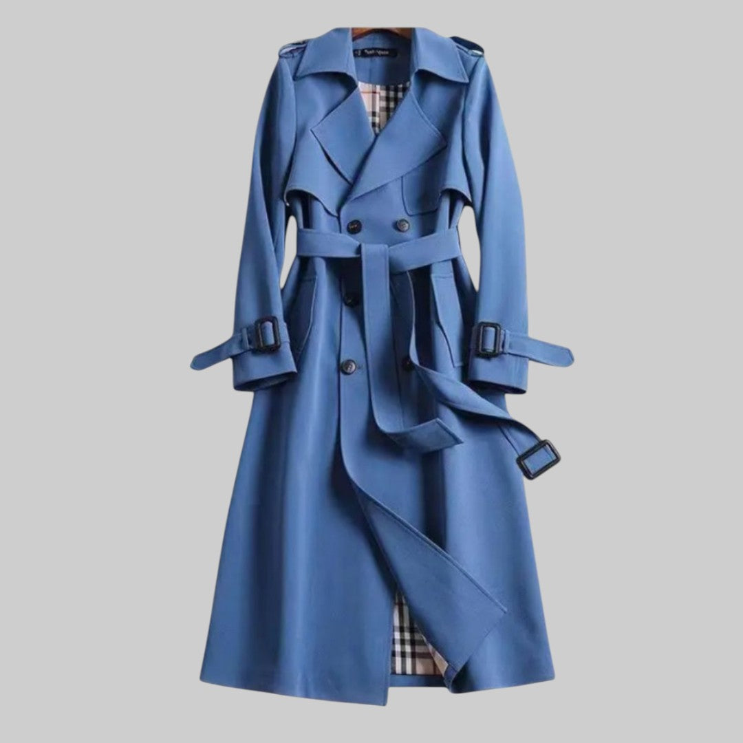 Longline Double Breasted Trench Coat with Belt — Blue