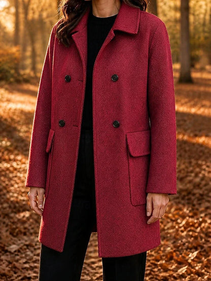 Women's Herringbone Double Breasted Long Coat — Red