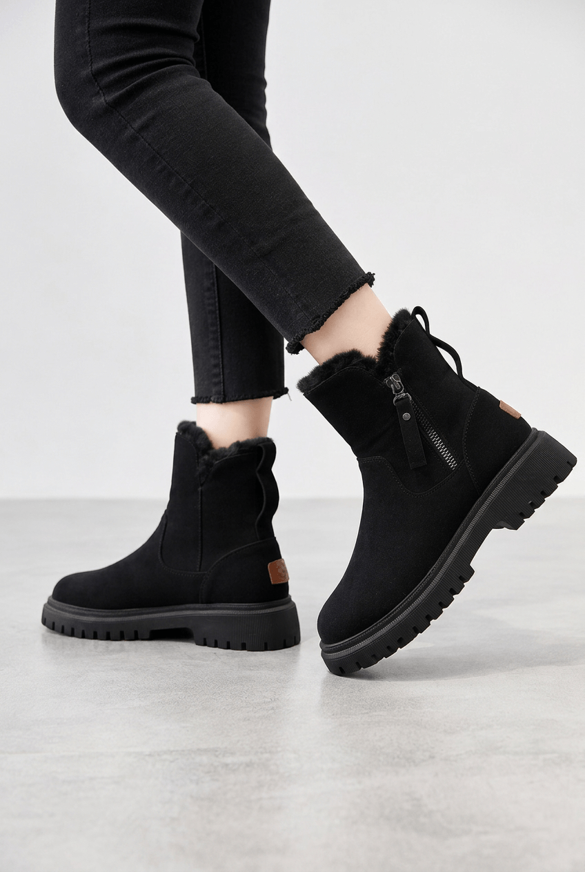 Faux Fur Lined Ankle Boots with Chunky Ribbed Sole — Black