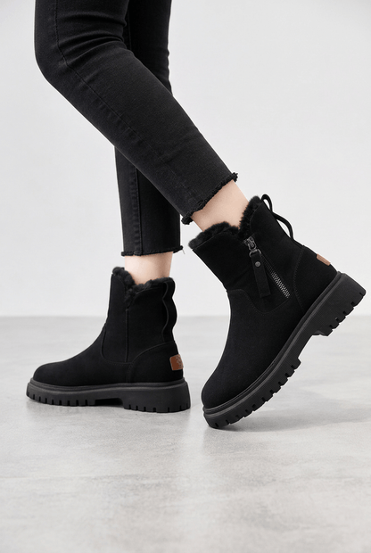 Faux Fur Lined Ankle Boots with Chunky Ribbed Sole — Black