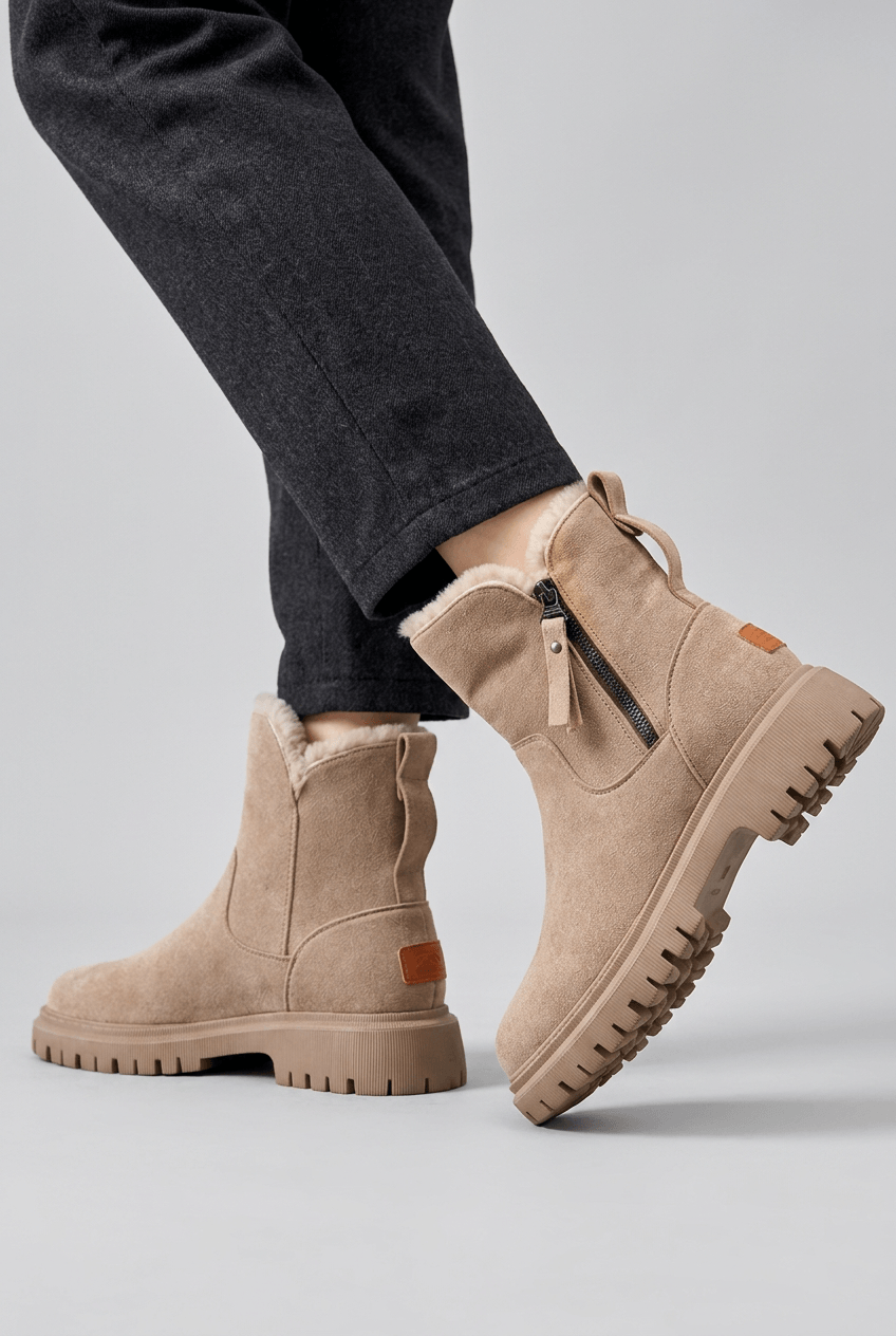 Faux Fur Lined Ankle Boots with Chunky Ribbed Sole — Beige