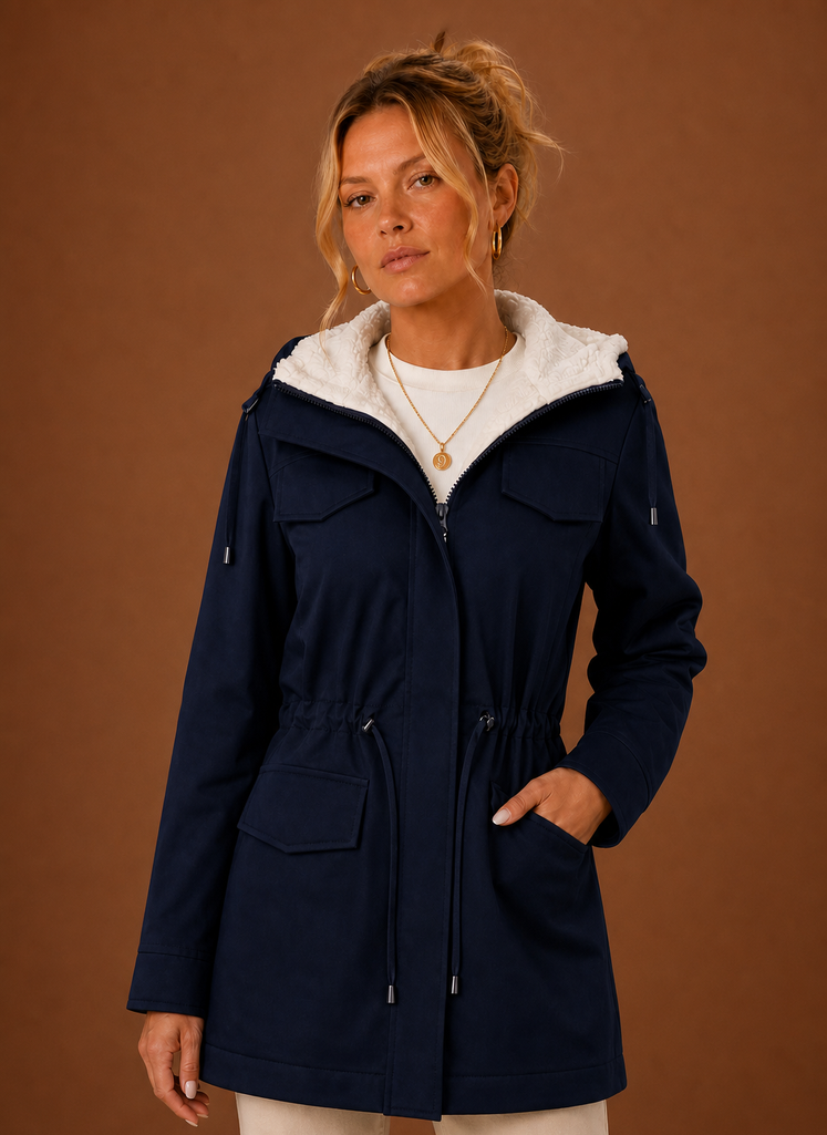 Hooded Fleece-Lined Parka Jacket - Long Winter Coat — Navy