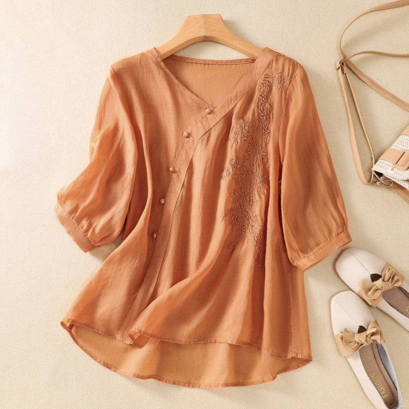 Embroidered V-Neck Blouse with Asymmetrical Buttons — Orange